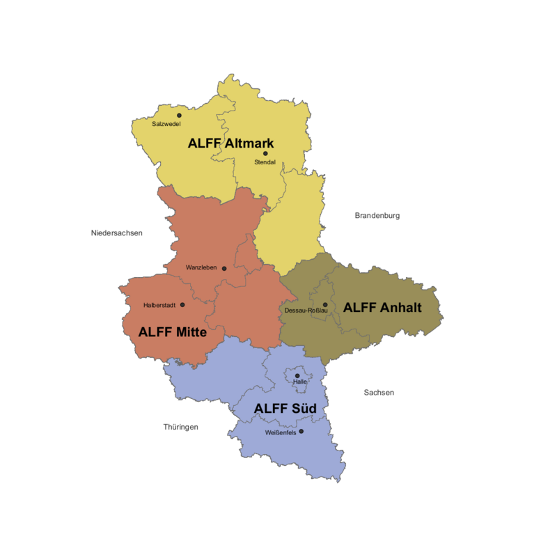 Übersichtskarte der regionalen Abgrenzung Karte des Landes Sachsen-Anhalt mit grafischer Abgrenzung der regionalen Zuständigkeitsbereiche der Ämter. Die Abgrenzung der Zuständigkeitsbereiche ist im Textteil beschrieben.
